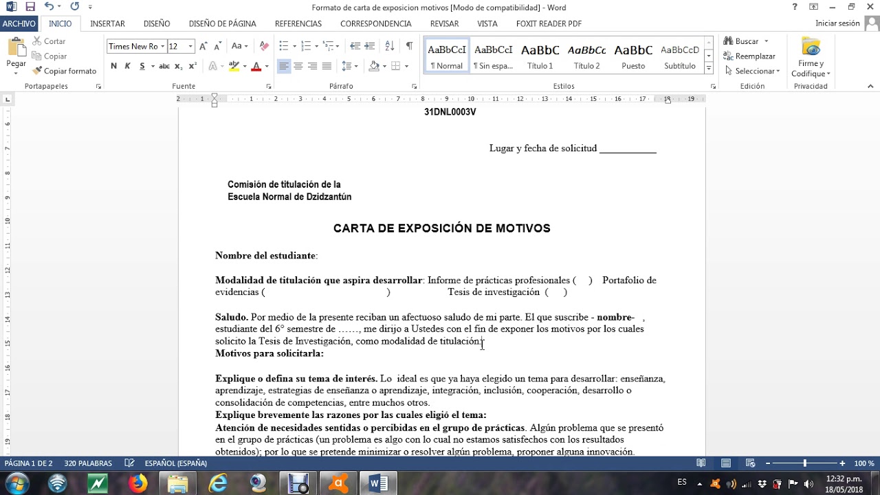 carta de exposicion de motivos